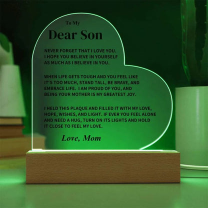 To My Son - From Mom - Never Forget That I Love You - LED Heart Acrylic Plaque