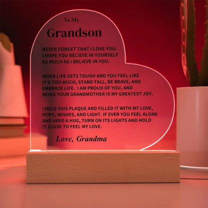 To My Grandson - From Grandma - Never Forget That I Love You - LED Heart Acrylic Plaque