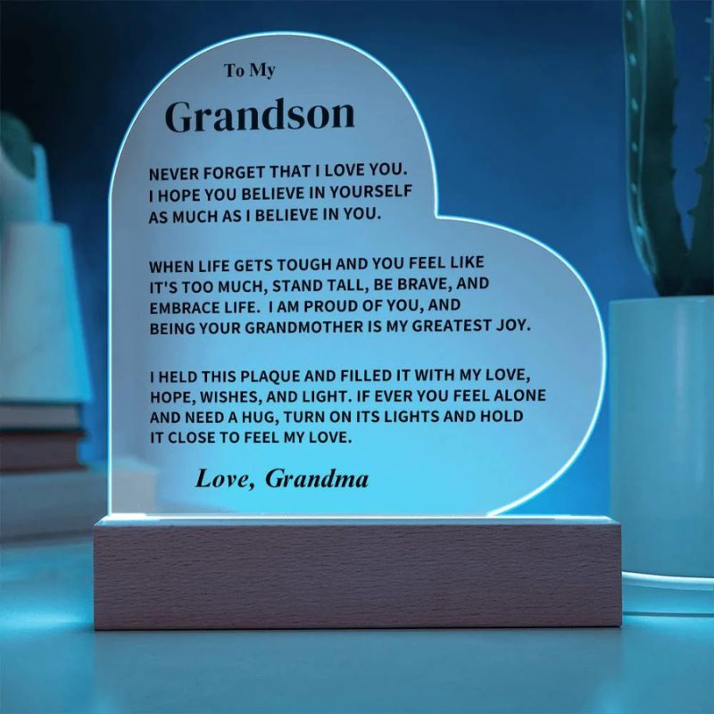 To My Grandson - From Grandma - Never Forget That I Love You - LED Heart Acrylic Plaque