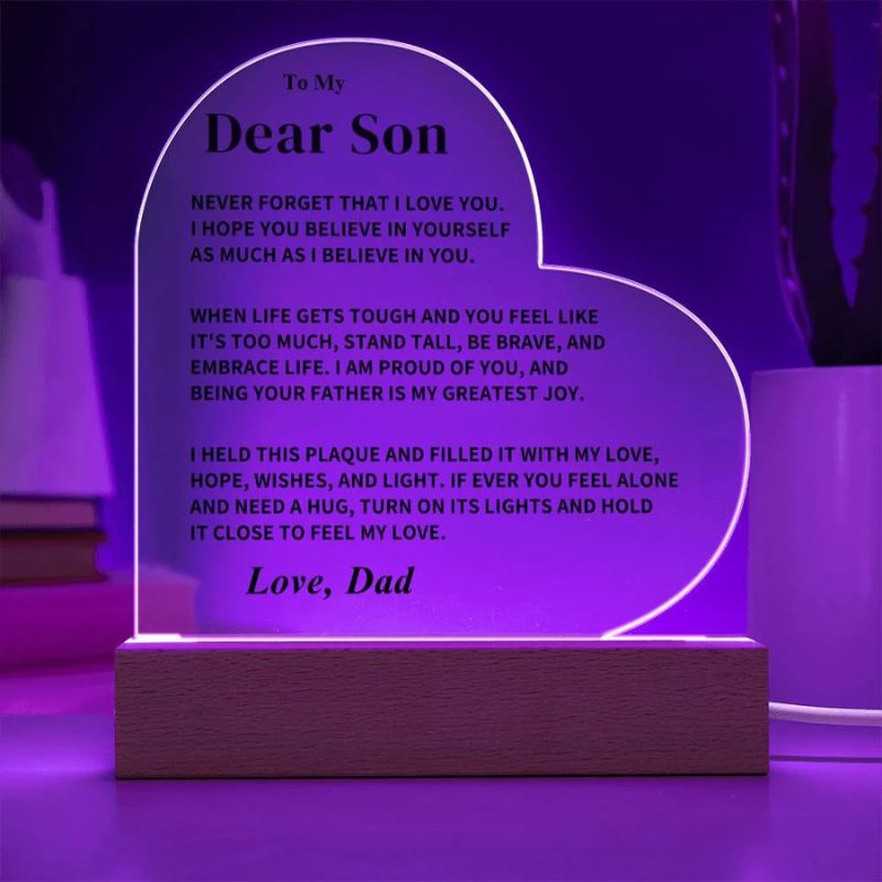 To My Son - From Dad - Never Forget That I Love You - LED Heart Acrylic Plaque