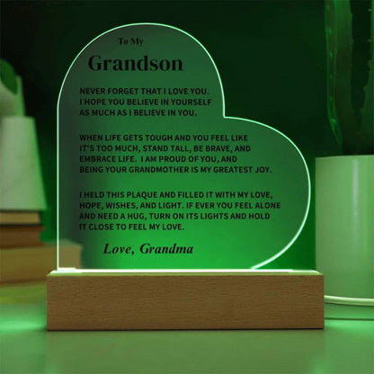 To My Grandson - From Grandma - Never Forget That I Love You - LED Heart Acrylic Plaque