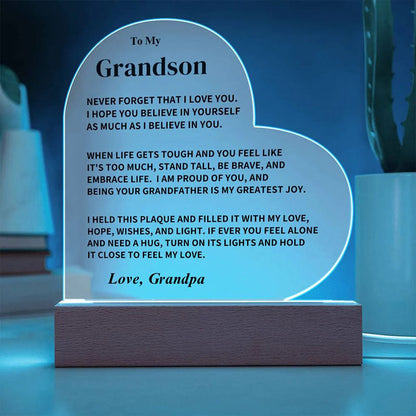 To My Grandson - From Grandpa - Never Forget That I Love You - LED Heart Acrylic Plaque