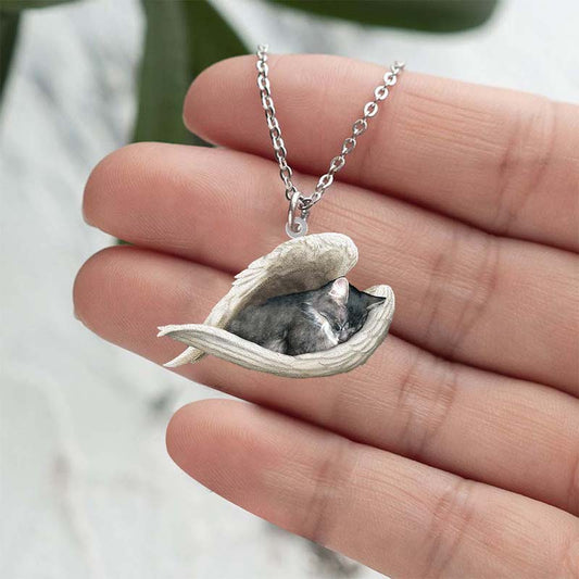 Gray Cat Sleeping Angel Stainless Steel Necklace SN167
