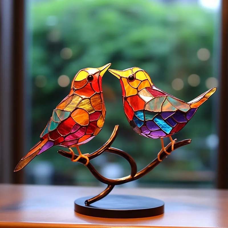 Stained Birds on Branch Desktop Ornaments