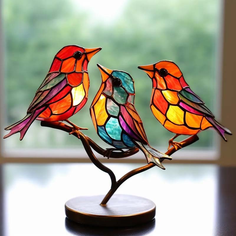 Stained Birds on Branch Desktop Ornaments
