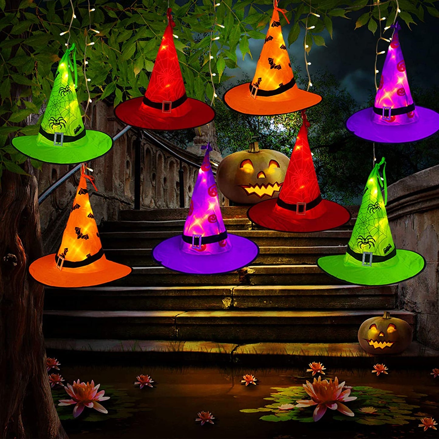 Glowing Witch Hat Decorations - 2 in 1 Hanging/Wearable