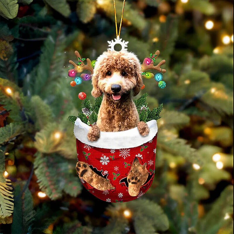 Goldendoodle In Snow Pocket Christmas Ornament SP036