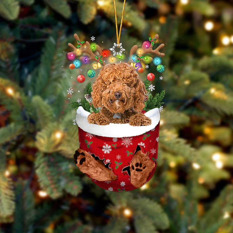 Labradoodle In Snow Pocket Christmas Ornament SP048