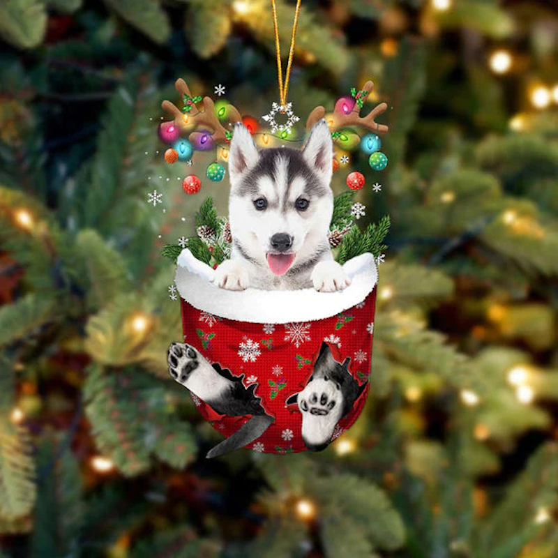 Husky In Snow Pocket Christmas Ornament SP072
