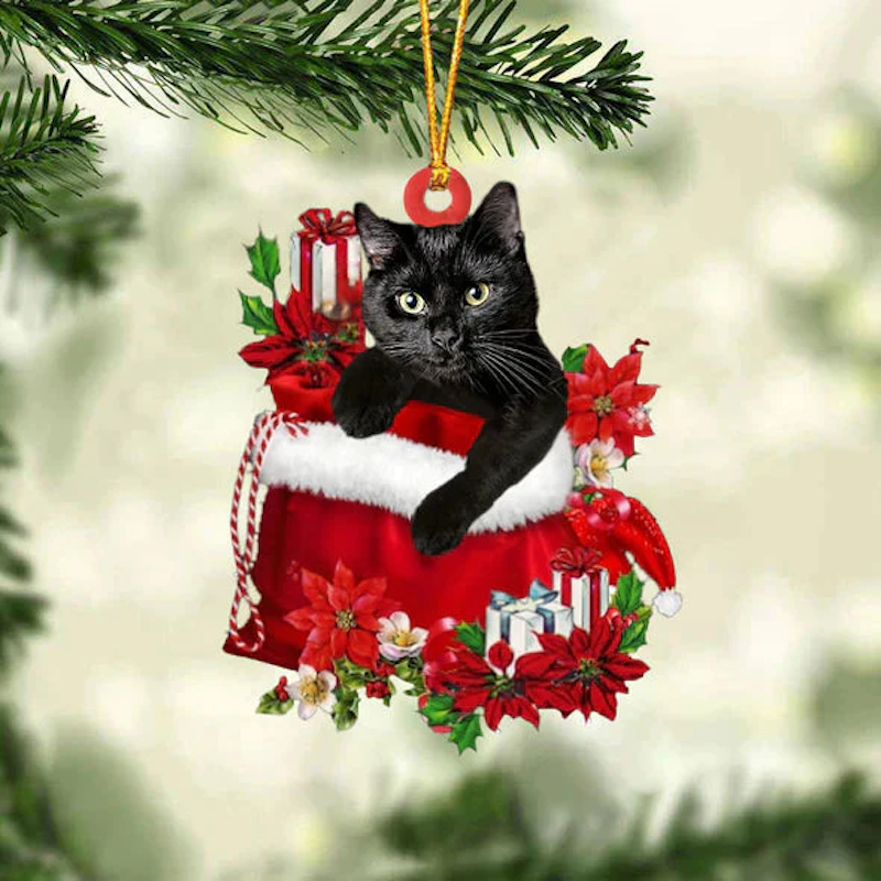 Black Cat In Gift Bag Christmas Ornament GB033