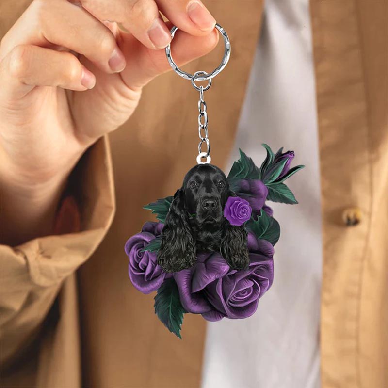 Black Cocker Spaniel In Purple Rose Acrylic Keychain PR034