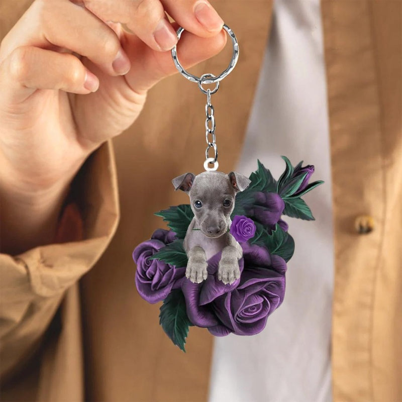 Italian Greyhound In Purple Rose Acrylic Keychain PR089