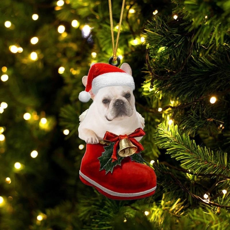 French Bulldog White In Santa Boot Christmas Hanging Ornament SB180