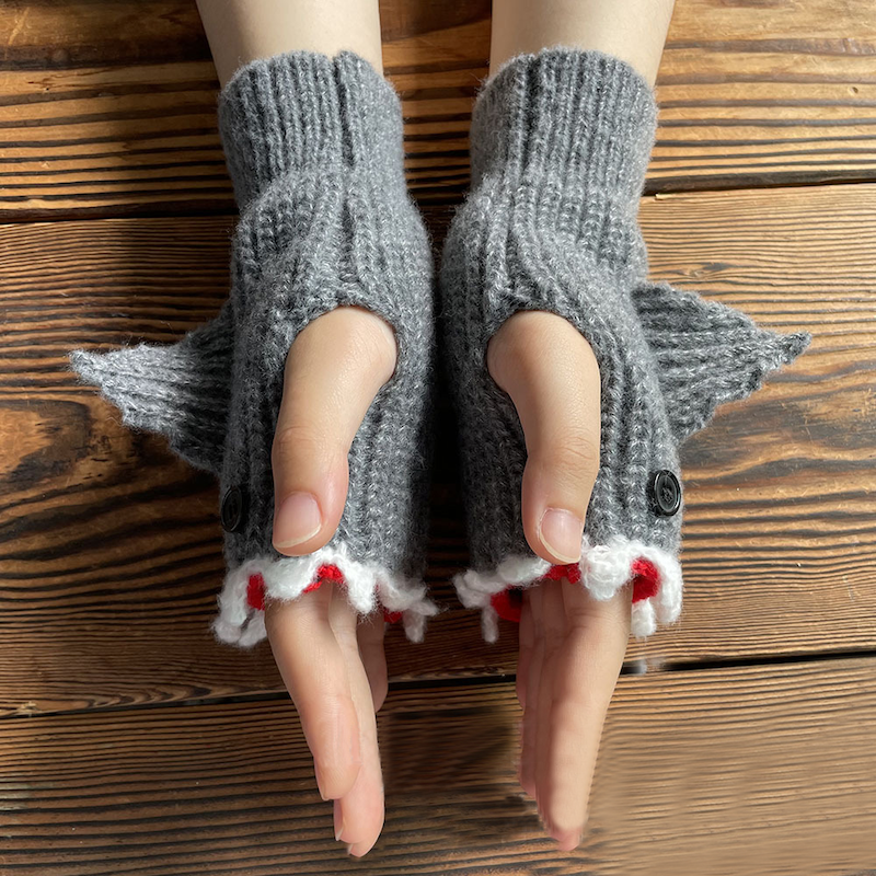 Shark Knitted Button Fingerless Gloves