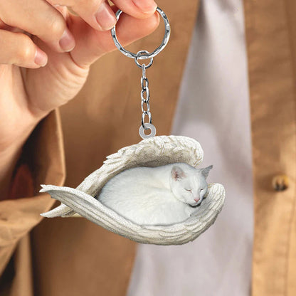 Sleeping Angel Acrylic Keychain White Cat